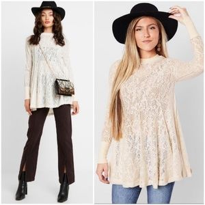 FREE PEOPLE TUNIC TOP COFFE IN THE MORNING LONG SLEEVE LACE BOHO HIPPIE CREAM XS